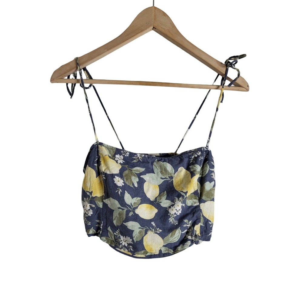 Abercrombie & Fitch Lemon Print Linen Blend Tie Strap Crop Cami Top Navy Blue M